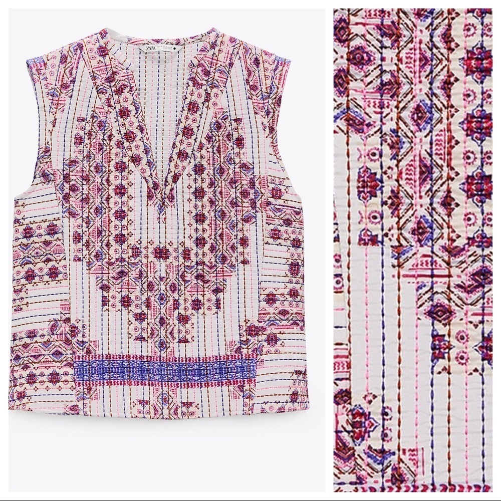 NWT. Zara Cream/Pink Printed Quilted Vest with V-neckline. Size S. - Picture 2 of 8